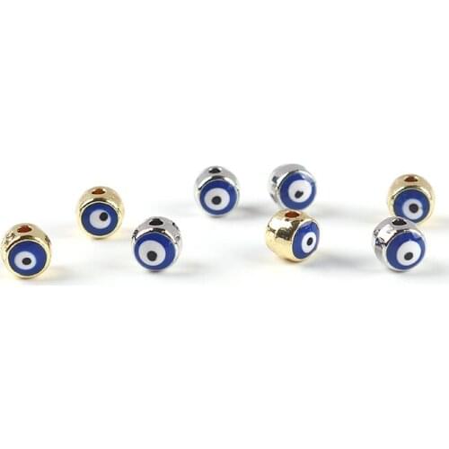 DoreenBeads Spacer Beads Round Gold/Silver Color Deep Blue Enamel Eye Pattern DIY Women Bracelets Jewelry About 6mm Dia, 30PCs