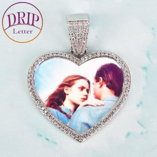 No Chain Heart Custom Made Photo Solid Back Pendant Medallions Necklace Mens Hip Hop Silver Color AAA Zircon Jewelry