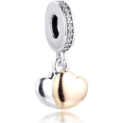 CKK Fit Pandora Bracelets 14K Real Gold Two-Tone Double Heart Charms Silver 925 Original Beads for Jewelry Making Sterling DIY