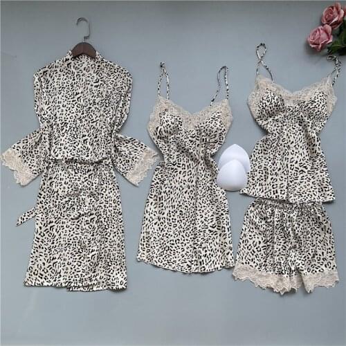 FZSLCYIYI 2020 New Leopard Print Split Nightdress Fashion Sexy V-neck Sling Nightdresses Lace Trim Sleepwear With Chest Pads