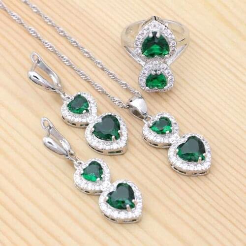 Heart Shape Stones For Bride Natural Green White Cubic Zirconia Earrings/Pendant/Necklace/Ring Set 925 Silver Jewelry Sets