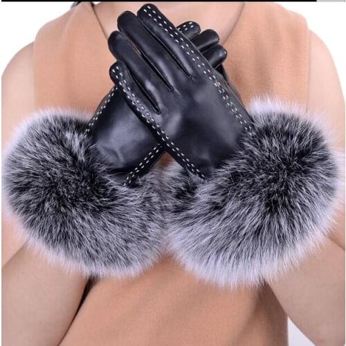 Leather gloves female winter Korean cute fox fur warm driving plus velvet thick touch screen sheepskin gloves ladies