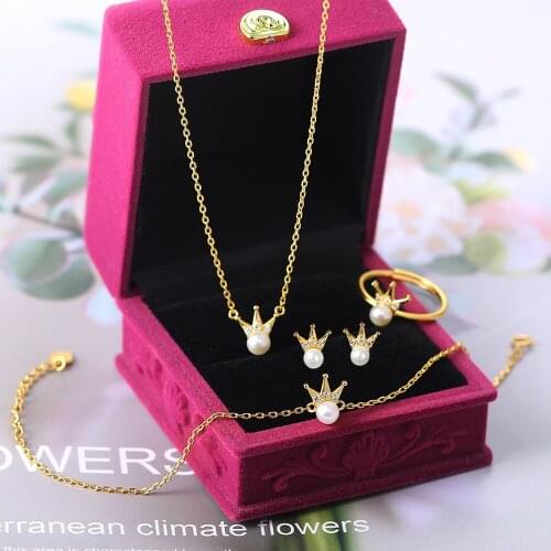 LAMOON Freshwater Pearl 925 Silver Jewelry Set For Women Crown 14K Gold Plated Fine Jewelry Cute Korean Style Fashion V090