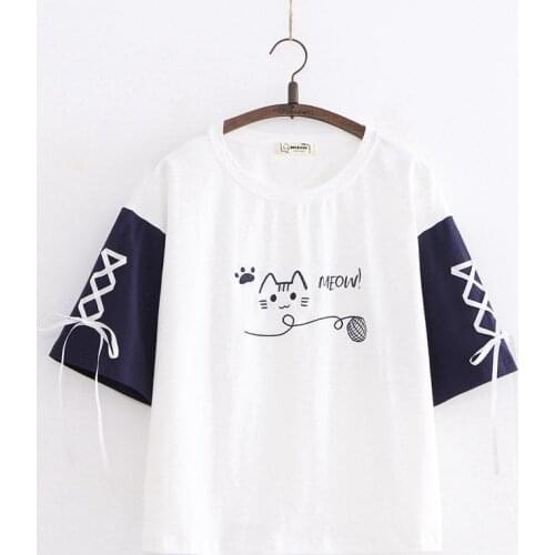 Japanese Mori Girl Summer Tops Women T Shirt Lolita Soft Cute Cat Graphic Tees Summer Korean Style Kawaii Clothes Femme T-shirts