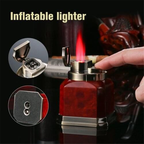 Metal Inflatable Lighter Desktop Windproof Direct Impact Lighter High Quality Red Wood Grain Smoking Tools Mens Gift with Box