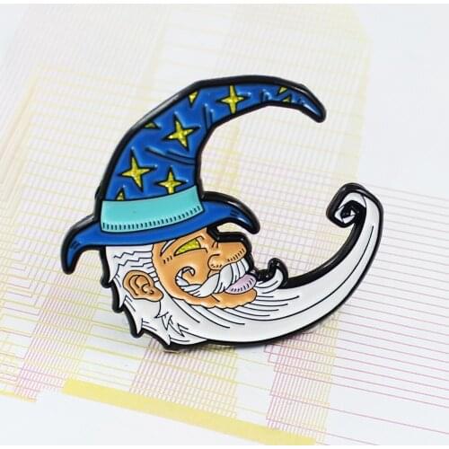 Cute Dream Reverie Kindly Moon Shape Grandpa With White Beard Brooch Wear A Blue Star Hat Gifts For Friends Child Brooch