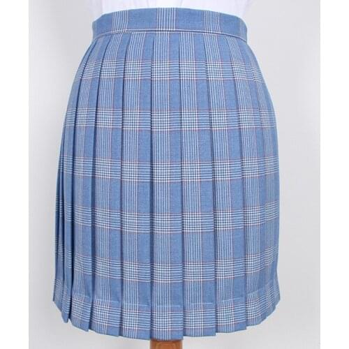 Sweet Womens Red&Sky Blue Plaid Skirt JK Japanese Girl School Uniform Short Pleated Skirt A-Line Necktie Bow Tie