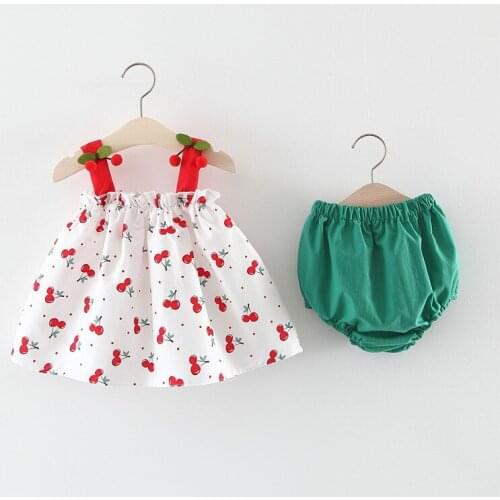 Cute Newborn Baby Girls Clothes Set Sleeveless Cherry Print Dress+Briefs Green Shorts Outfits Infant Clothing Summer Sunsuit