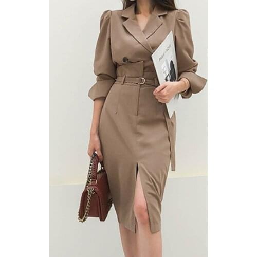 Fashion Spring Office OL 2 Piece Set Women Double-breasted Notched Collar Suit Jacket + High Waist Belt Split Pencil Skirts Suit