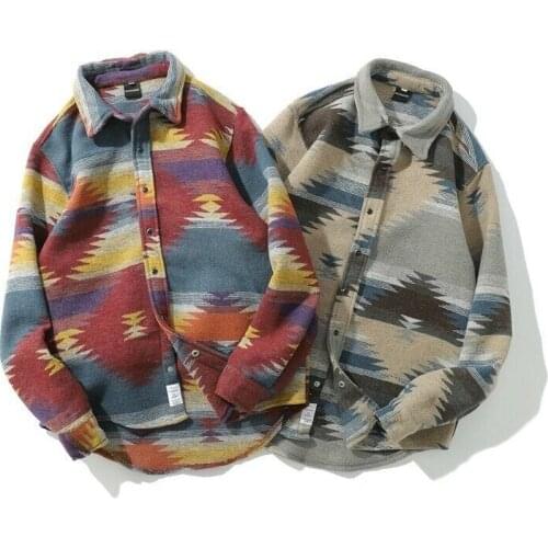 Men Winter Striped Print Tops Retro Casual Ethnic Soft Brushed Shirt Lapel Long Sleeves Fashion Loose Leisure Warmth Thickening