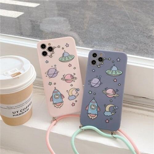 Cute spaceship planet Chain Lanyard soft case for iphone 12MiNi 12 Pro Max 11 Pro Max X XS MAX XR 7 8 plus earth plane cover