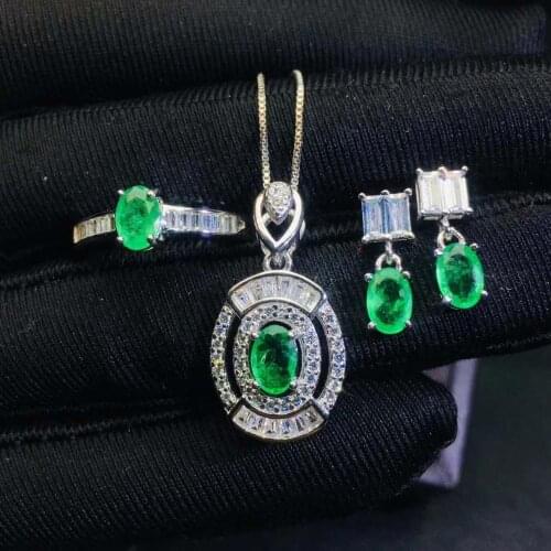 Real Natural Emerald jewelry set Natural Real Emerald 925 sterling silver 1pc pendant,1pc ring,2pcs Earring
