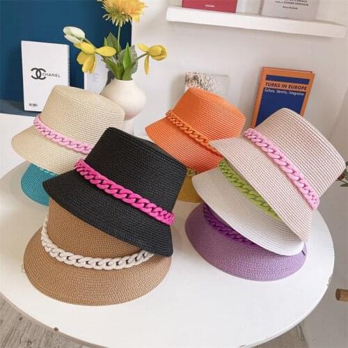 Panama 2021 Fashion Womens Summer Bucket Hat Chain Decoration Sun Protection Cap Female Flat Top Beach Hat Sun Hats Straw Hat