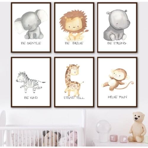 Jungle Elephant Lion Zebra Giraffe Hippo Poster Monkey Nursery Wall Art Prints Canvas Painting Decor Pictures Child Kids Room