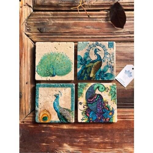 4 pcs natural stone coaster square peacock pattern special design modern 100 real stone custom print