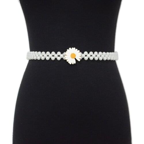 2020 New Daisy Elegant Women Pearl Belt Waist Belt Elastic Buckle Pearl Chain Belt Female Girls Dress Strap