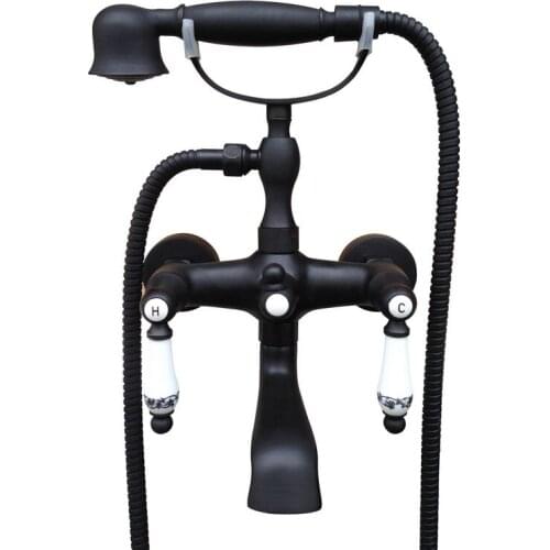 Bathroom Black Oil Rubbed Bronze Wall Mounted Clawfoot Tub Filler Faucet Handshower Double Ceramics Handles atf602