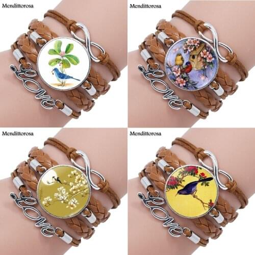 Mendittorosa Antique Bronze Flower Bird Vintage Jewelry With Multilayer Black/Brown Leather Bracelet Bangle For Women Party Gift