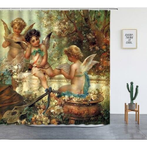 Angels in Heaven Shower Curtain Set Polyester Fabric Machine Washable Printed Background Wall Curtains for Bathroom Home Decor