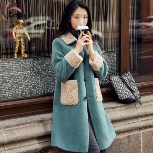 Cotday Green Single Breasted Thick Women Faux Fur Long Warm Pocket Luxurious Female Winter Lamb Fleece Jacket Woolen Blend Coat
