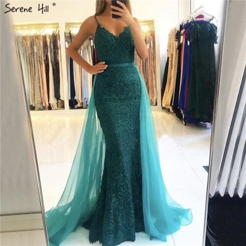 Green Sling Lace Beading Mermaid Evening Dresses 2020 Sexy Sleeveless V-Neck Tulle Formal Dress Real Photo LA70064