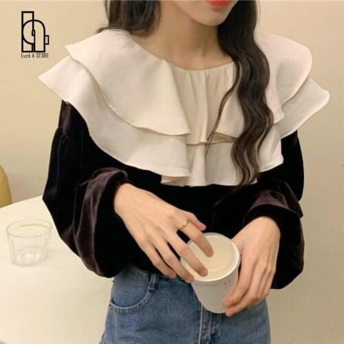 Blouse Women Temperament Patchwork Ruffles Lantern Sleeve O-Neck Velour Female All-match Student Korean Style New