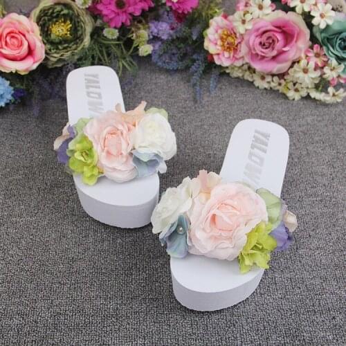 2018 Summer Handmade Large Peony Flower Casual Flip Flops Slippers Online 11cm Women High Heel Wedge Beach Shoes