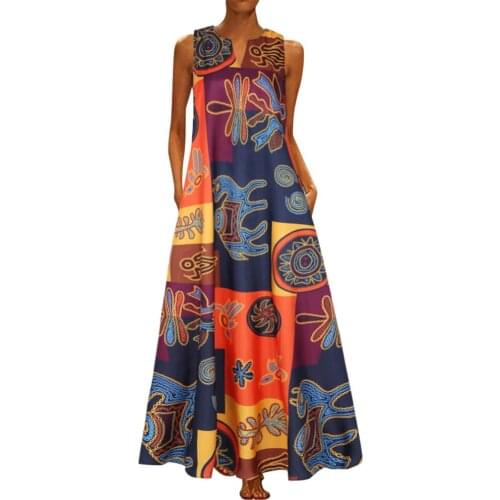 Bohemian Geometric Splicing Printed Long Dress Women Summer Vintage Loose Clothing Sleeveless V Neck Pockets Sundress Vestidos