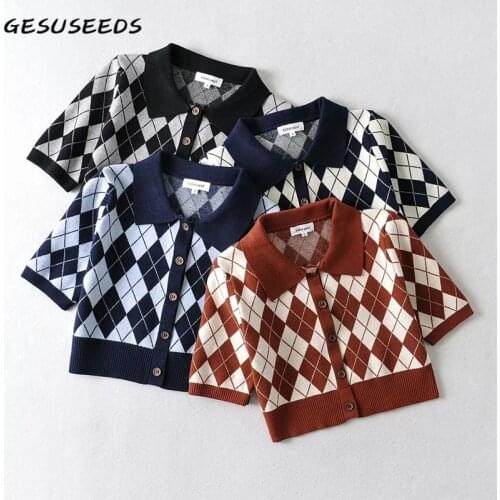 2021 Knitted sweater women short sleeve sweater summer vintage cropped cardigan blue turn down collar argyle sweater button up