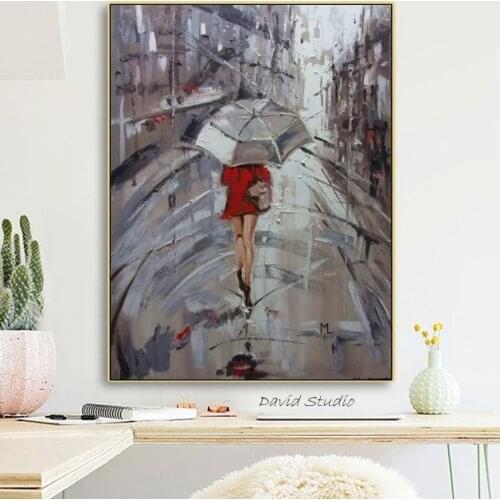 100%Hand Made Modern impressist Artwork Girl in Red Coat in Rainting Day Worth Keeping Thinkness Oil Painting On Canvas