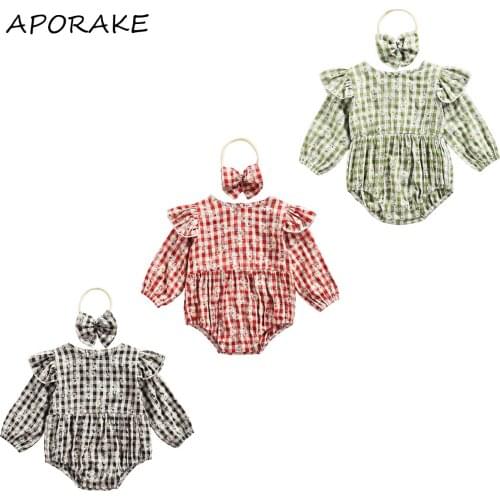 2021 0-24M Infant Baby Girl Playsuit+Headband Sweet Spring Fall Floral Plaid Print Ruffle Long Sleeve O Neck Romper 2pcs