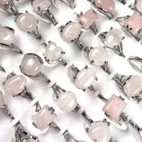 20Pcs/lot Natural Stone Rose Quartzs Rings For Women Geometric Pink Crystal Ring Jewelry Gifts