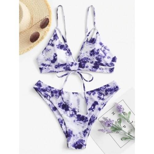 2021 Tie Dye Bikini Women Low Waist Bikini Bandage Push Up Swimsuit Women Floral V Neck Biquini Summer Swim Beachwear Bikini