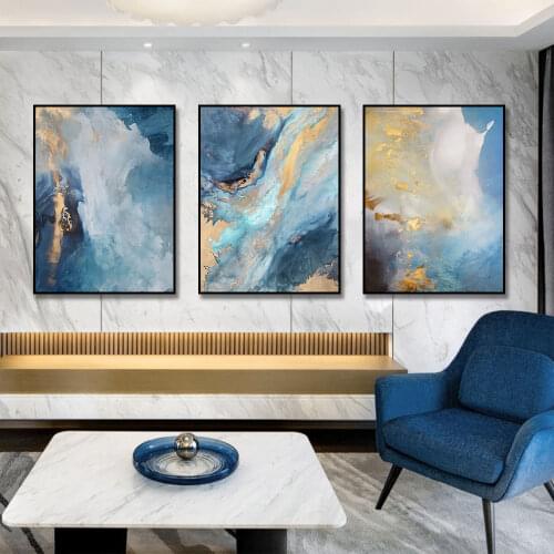 Abstract Landscape Combination Canvas Painting Gold and Blue Modern Print and Poster Wall Art Picture for Living Room Home Decor