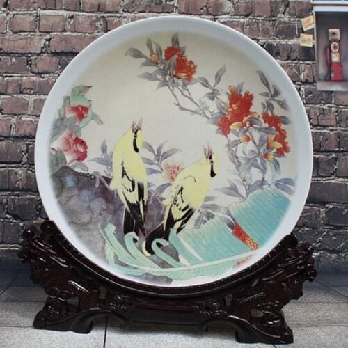 Antique Inmitation Ceramic Porcelain Decoration Plate Chinese Traditional Artistic Collection with Birds and Flowers Painting
