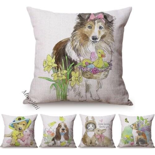 Cute Animals Style Throw Pillow Case Easter Rabbit Dog Cat Water Color Decoration Square Cushion Cover Car Chair Cushions Cover