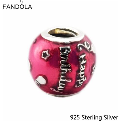 CKK 925 Sterling Silver Birthday Celebration, Transparent Cerise Enamel Charms Beads Fits Original Bracelets DIY Jewelry