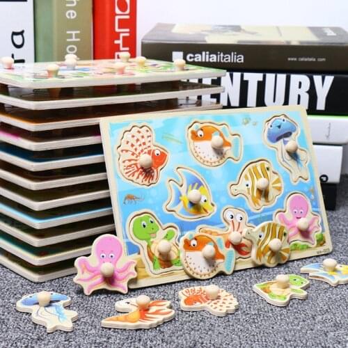 Montessori Wooden Puzzles Hand Grab Boards Cartoon Vehicle Animal 3D Puzzle Early Learning Educational Toy For Children