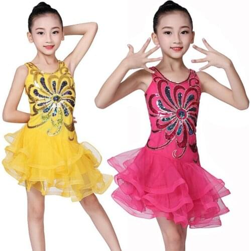 Kids Girl Dance Dresses Sequins Mesh Fluffy Childrens Dancing Costumes Latin Dance Performance Dancing Clothing