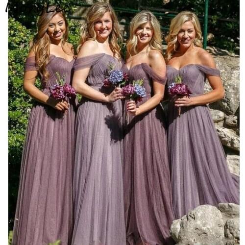 Sexy Bridesmaid Dresses Off The Shoulder Floor Length Tulle A-Line Bridesmaid Dresses Wedding Party Dresses With Zipper
