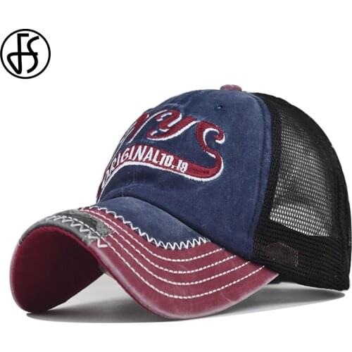 FS 2021 Navy Red Washed Patchwork Mesh Cap For Women Men Summer Breathable Outdoor Sports Golf Baseball Caps Bone Trucker Hat