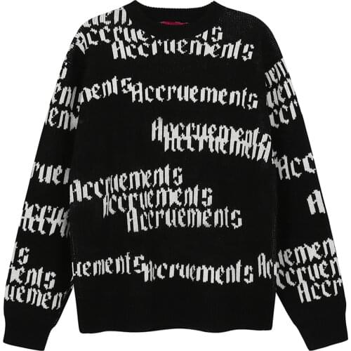 LACIBLE Harajuku Sweater Pullover Male Letter Jacquard Fashion Casual Streetwear Knitted Sweater Hip-Hop Male Black and White