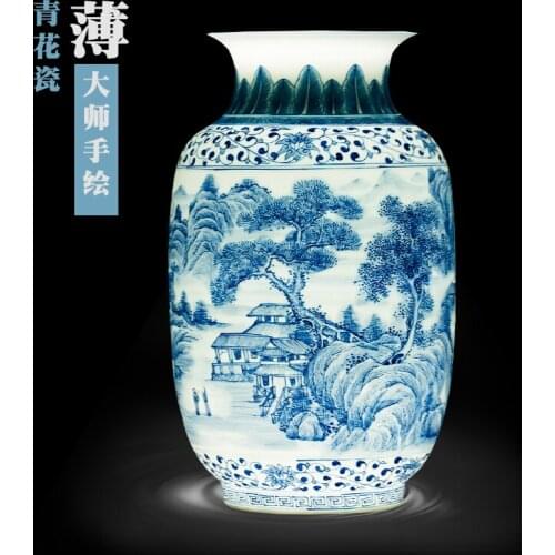 Jingdezhen Masters Hand-painted Landscapes Blue And White Porcelain Thin Flower Vase New Chinese Living Room Decor ceramic vase