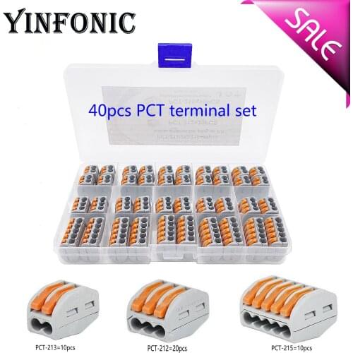 40pcs PCT-212 213 215 2p 3p 5p Quick connection terminal with Storage Box for 4 square hard wire or 0.08-2.5 square soft wire