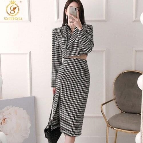 SMTHMA Two-Piece Sets 2021 New Autumn/Winter Korean Slim Houndstooth Woolen Jacket +High Waist Sexy Split Skirt Suit