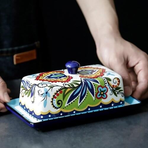 Creative Floral Pattern Ceramic Dessert Plate Cheese Box Food Container Butter With Lid Household Exquisite Dinner