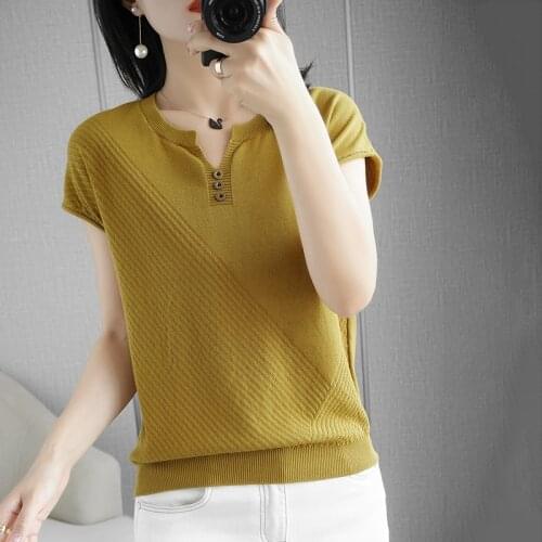 Summer Womens Sweater Fashiong V-Neck Short 100% Cotton Knitted Jumpers Female Pullover Clothing Cool Tops Pull Femme Health