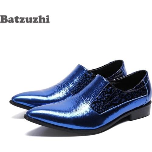 Batzuzhi Handmade Men Leather Shoes Pointed Toe Blue Genuine Leather Shoes Men Oxfords Formal zapatos de hombre, Big Size US12