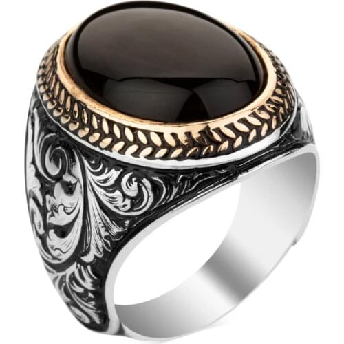 925 Sterling Silver Intricately Inlaid Mens Ring with Black Onyx Stone Exclusive Ring for Men Onyx Gemstone Ring