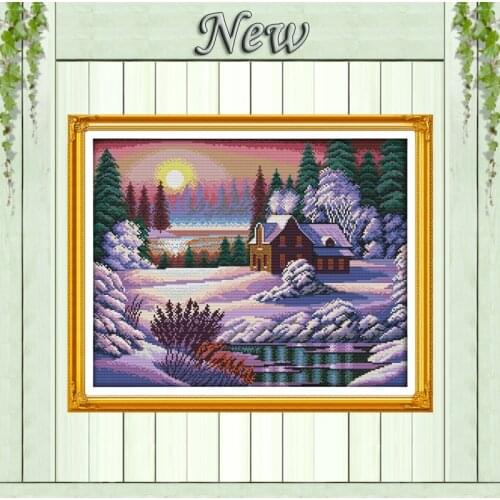 Dusk snow-covered landscape winter Scenery,counted print on canvas DMC 14CT 11CT DIY Cross Stitch Embroidery kits Needlework Set